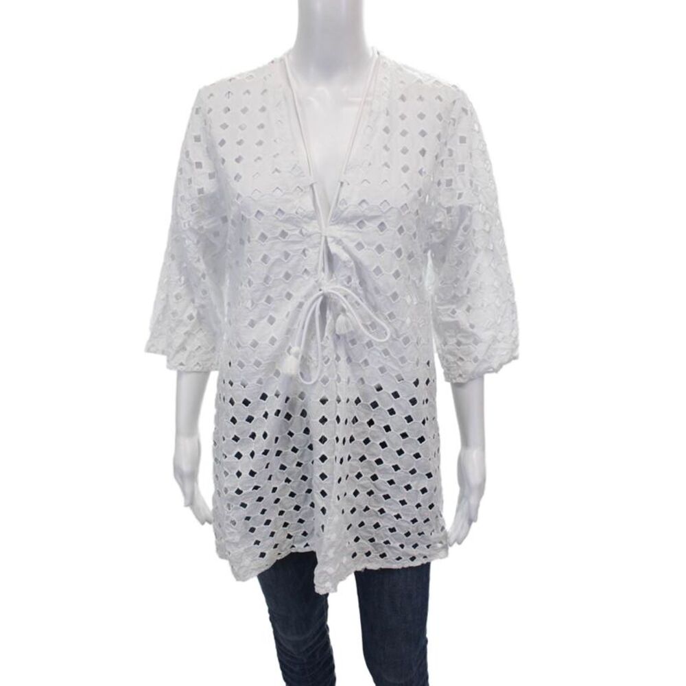 Robin Piccone Women White Cotton V Neck Geometric Long Sleeve Blouse Size S